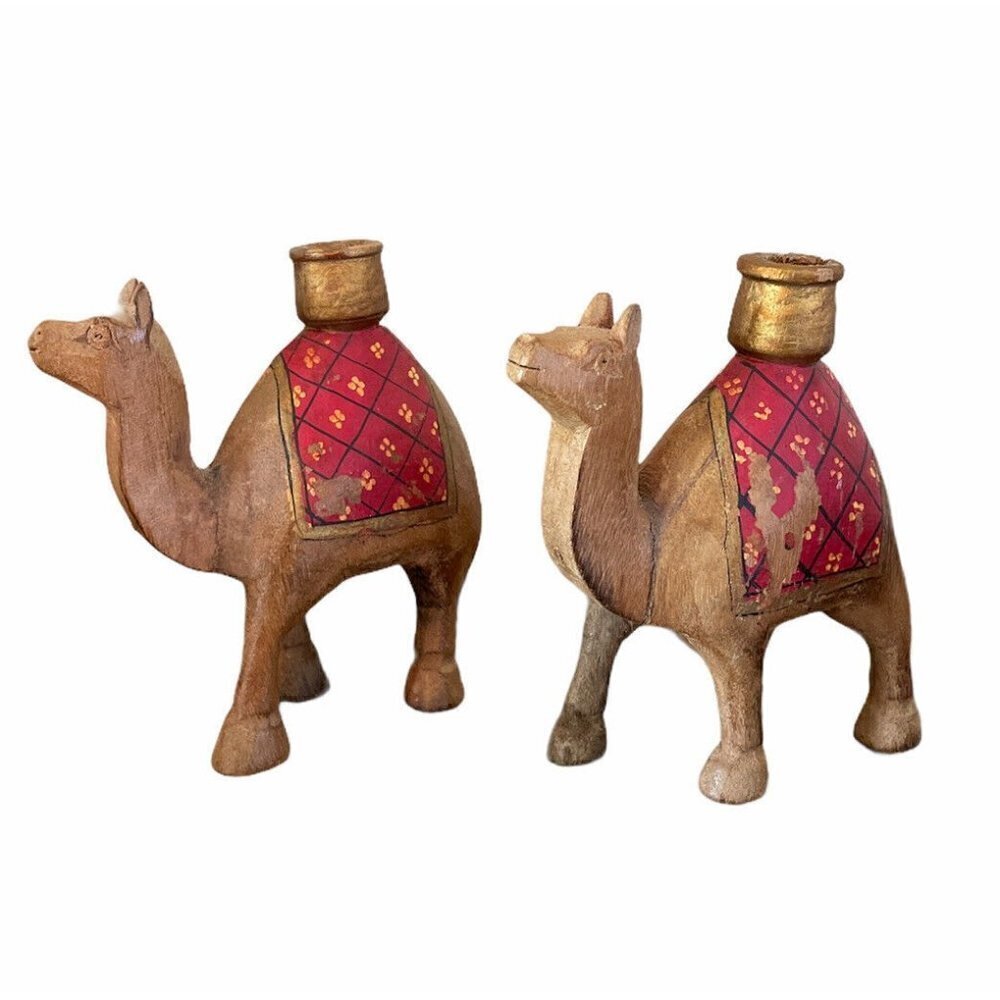 Pair of Carved Wood Candlestick Candle Holders Camels Red Robe Set Of 2 4.5”